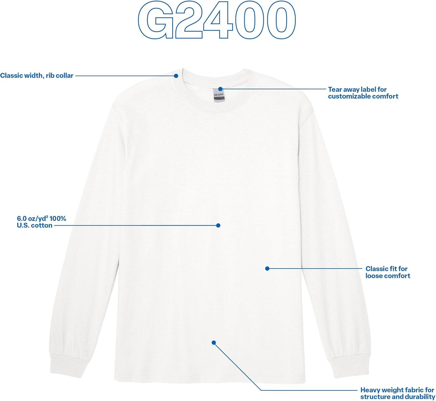 Gildan Unisex Adult Ultra Cotton Long Sleeve T-Shirt, Style G2400, Multipack