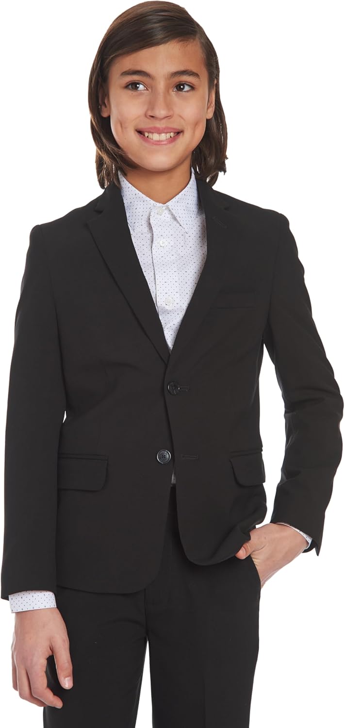 Calvin Klein Boys' Bi-Stretch Blazer Suit Jacket, 2-Button Single Breasted Closure, Buttoned Cuffs & Front Flap Pockets