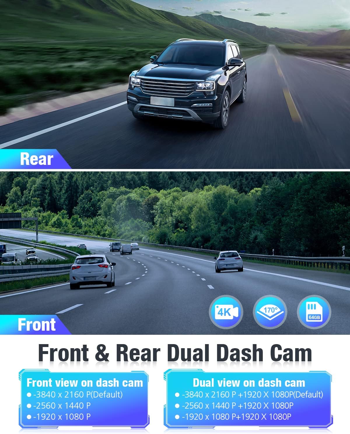 OMBAR Dash Cam Front and Rear 4K/2K/1080P+1080P 5G WiFi GPS, Dash Camera for Cars with 64G SD Card, Dual Dash Cam with WDR Night Vision, 24h Parking Mode,170°Wide, G-Sensor, Loop Recording, APP