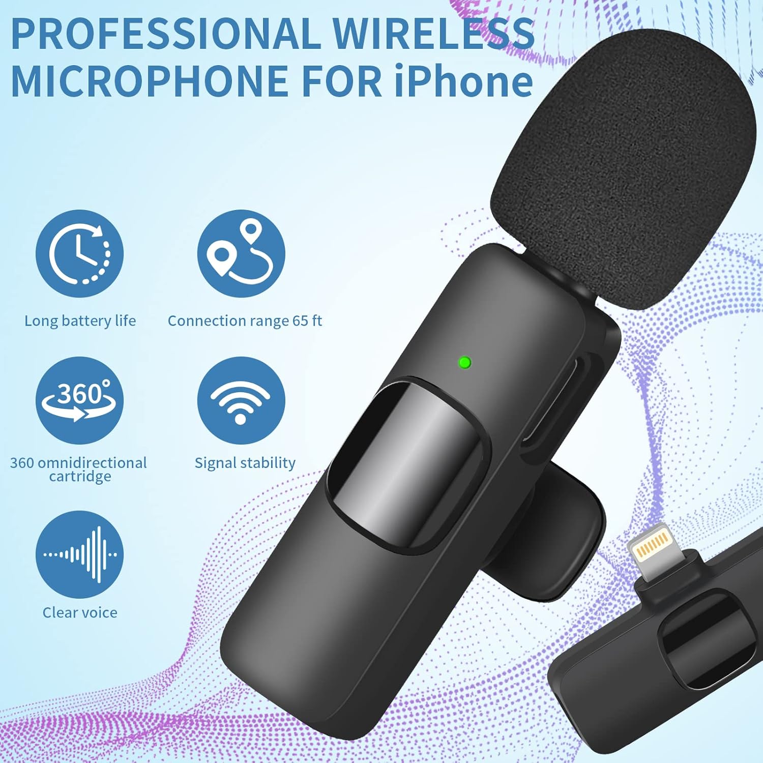 IIQ Wireless Lavalier Microphone for iPhone, Mini Professional Wireless Lavalier Microphone, Wireless Clip Mic, Tiny Lapel Microphone for iPad, for Video Interview Podcast, Facebook, YouTube