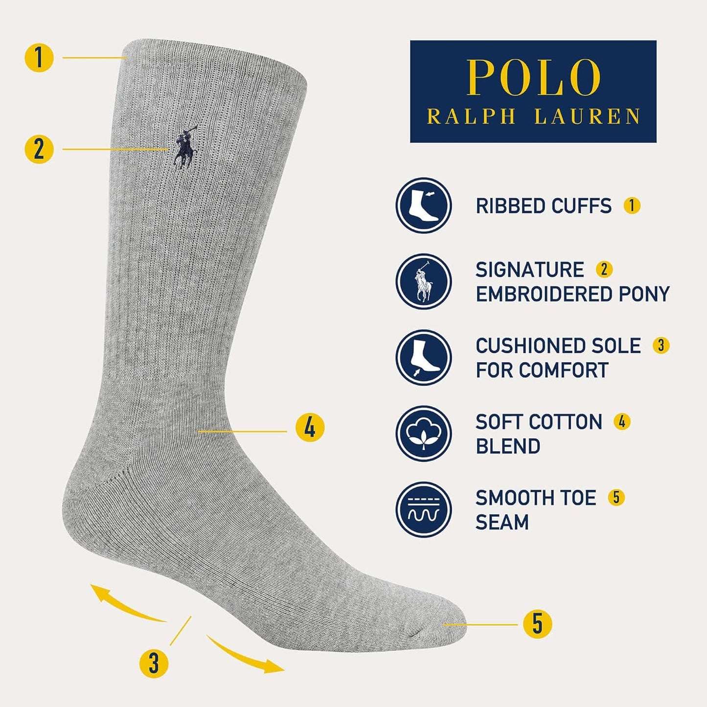 POLO RALPH LAUREN Men's Athletic Performance Cotton Crew Socks - 6 Pair Pack - Moisture Wicking Mesh