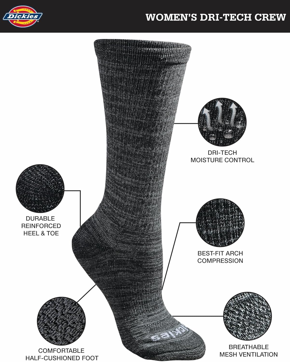 Dickies Women's Dri-tech Fashion Moisture Control Crew Socks, Available in S-XL (5, 6, 12 Pairs)